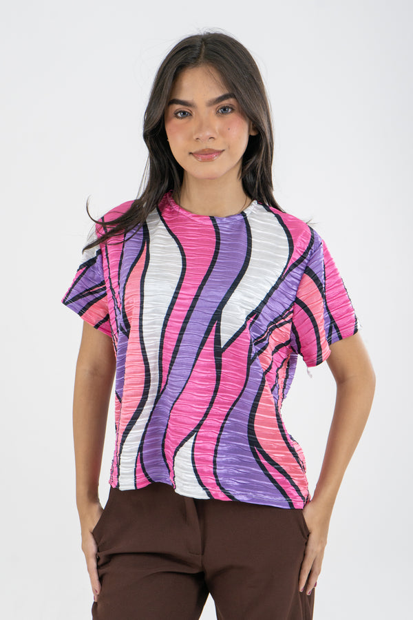 CAMISETA PLIZADA MULTICOLOR FUCSIA