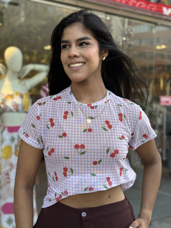 BLUSA MALLA - CEREZA CUADROS LILA